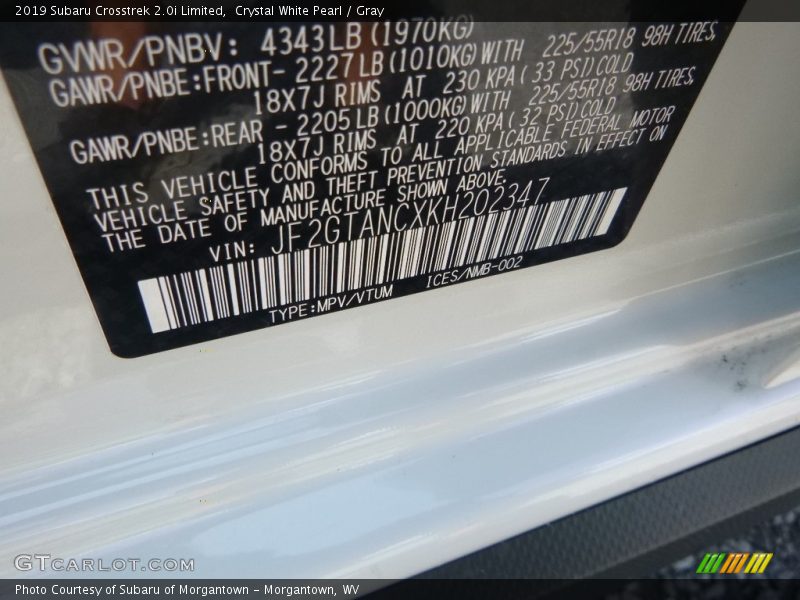 Crystal White Pearl / Gray 2019 Subaru Crosstrek 2.0i Limited