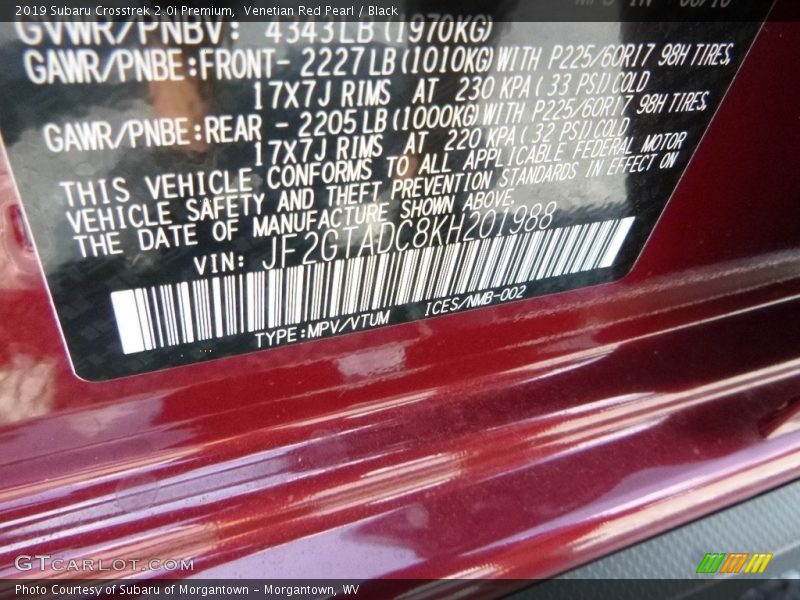 Venetian Red Pearl / Black 2019 Subaru Crosstrek 2.0i Premium