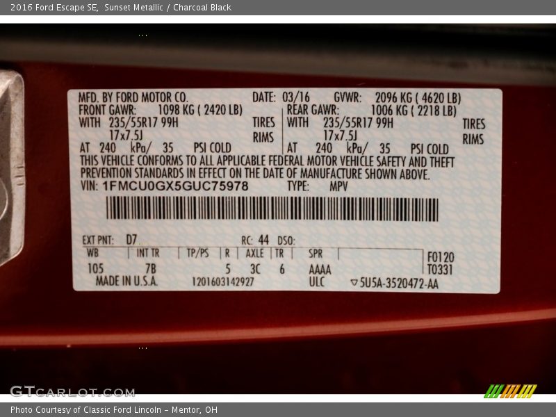 Sunset Metallic / Charcoal Black 2016 Ford Escape SE