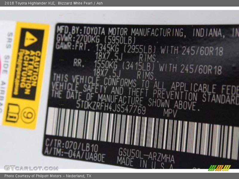 Blizzard White Pearl / Ash 2018 Toyota Highlander XLE