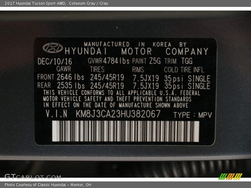 Coliseum Gray / Gray 2017 Hyundai Tucson Sport AWD