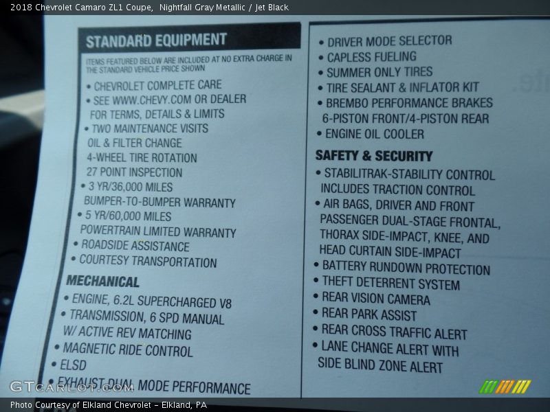 Nightfall Gray Metallic / Jet Black 2018 Chevrolet Camaro ZL1 Coupe