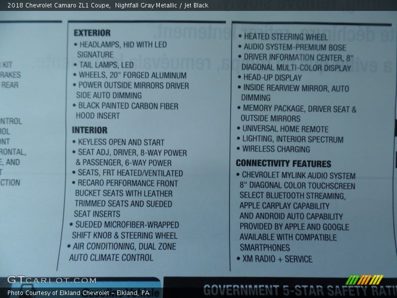 Nightfall Gray Metallic / Jet Black 2018 Chevrolet Camaro ZL1 Coupe