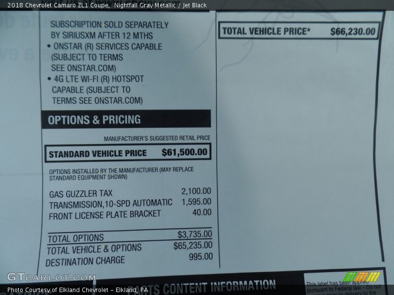 Nightfall Gray Metallic / Jet Black 2018 Chevrolet Camaro ZL1 Coupe