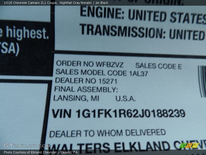 Nightfall Gray Metallic / Jet Black 2018 Chevrolet Camaro ZL1 Coupe