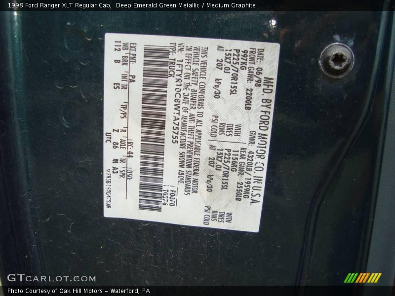 Deep Emerald Green Metallic / Medium Graphite 1998 Ford Ranger XLT Regular Cab