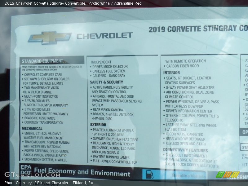 Arctic White / Adrenaline Red 2019 Chevrolet Corvette Stingray Convertible