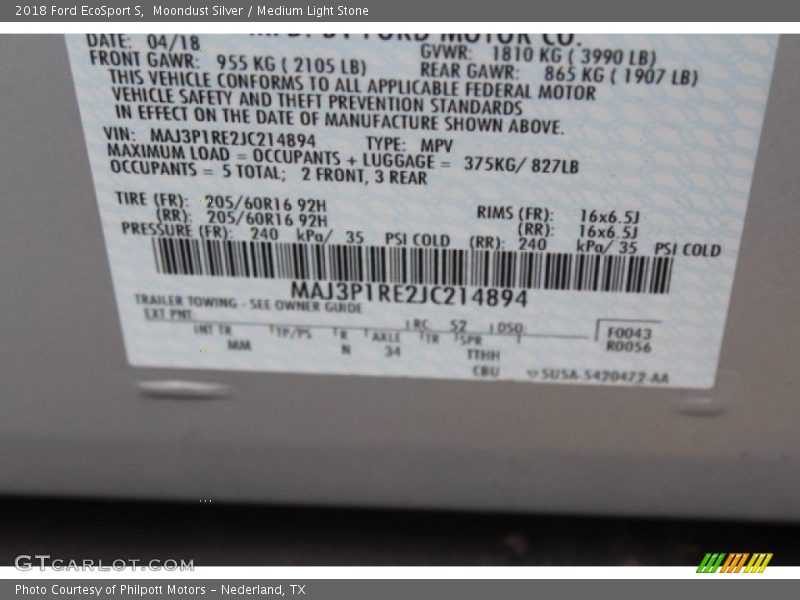 Moondust Silver / Medium Light Stone 2018 Ford EcoSport S