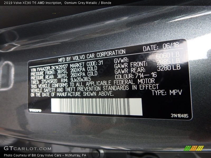 Osmium Grey Metallic / Blonde 2019 Volvo XC90 T6 AWD Inscription