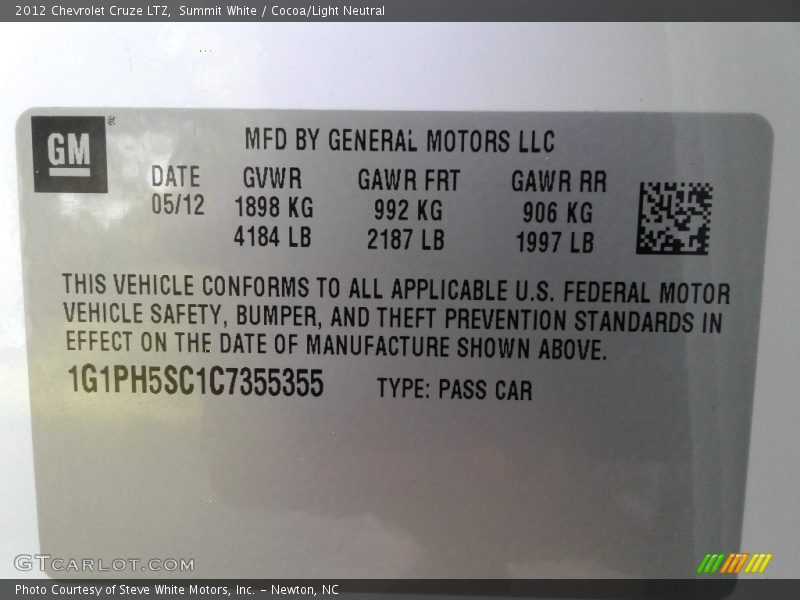 Summit White / Cocoa/Light Neutral 2012 Chevrolet Cruze LTZ