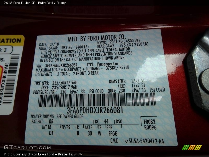 2018 Fusion SE Ruby Red Color Code RR