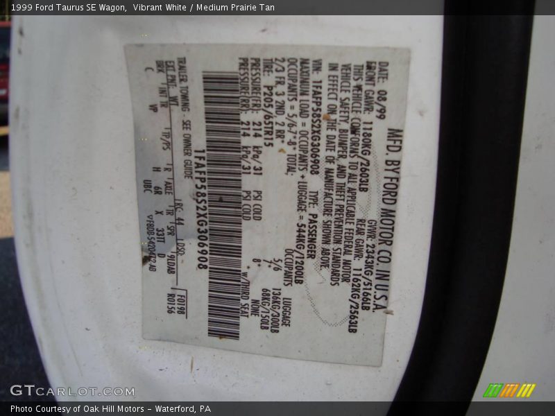 Vibrant White / Medium Prairie Tan 1999 Ford Taurus SE Wagon
