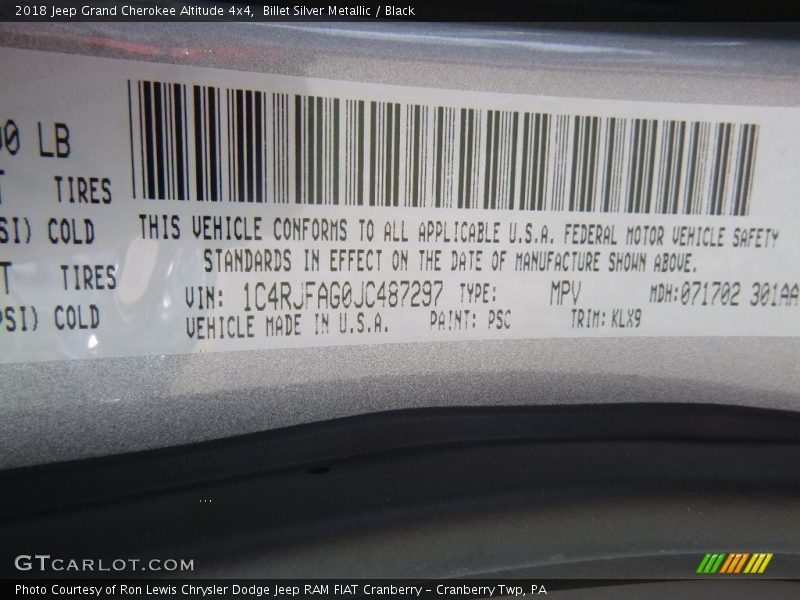 Billet Silver Metallic / Black 2018 Jeep Grand Cherokee Altitude 4x4