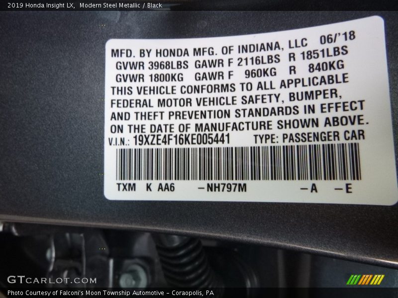 2019 Insight LX Modern Steel Metallic Color Code NH797M