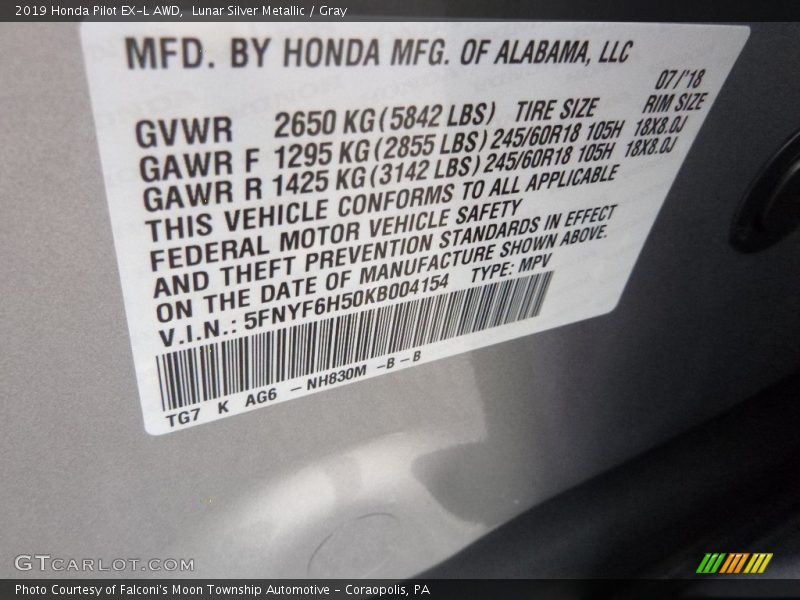 2019 Pilot EX-L AWD Lunar Silver Metallic Color Code NH830M