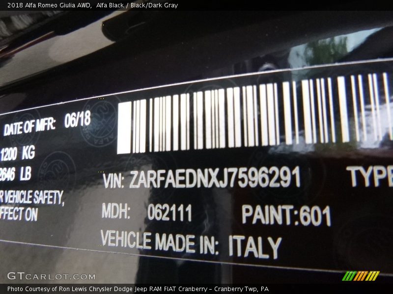 2018 Giulia AWD Alfa Black Color Code 601