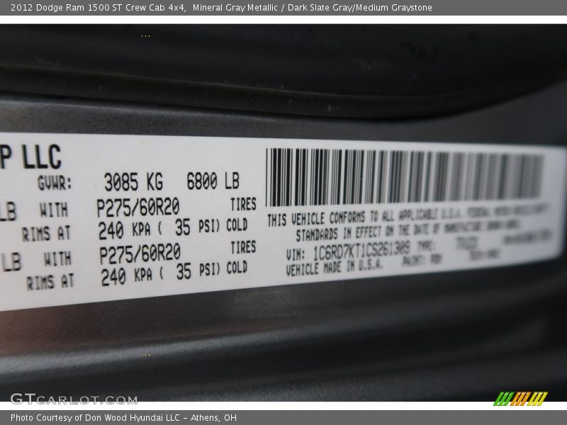 Mineral Gray Metallic / Dark Slate Gray/Medium Graystone 2012 Dodge Ram 1500 ST Crew Cab 4x4