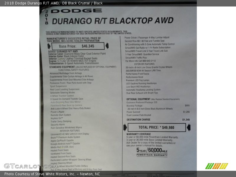 DB Black Crystal / Black 2018 Dodge Durango R/T AWD