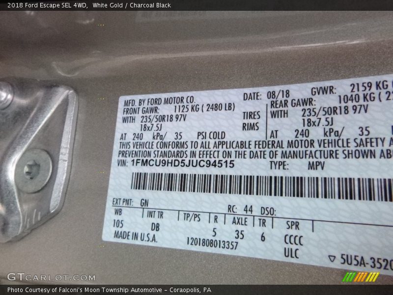 White Gold / Charcoal Black 2018 Ford Escape SEL 4WD