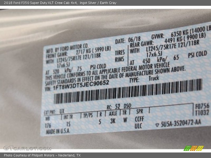 2018 F350 Super Duty XLT Crew Cab 4x4 Ingot Silver Color Code UX