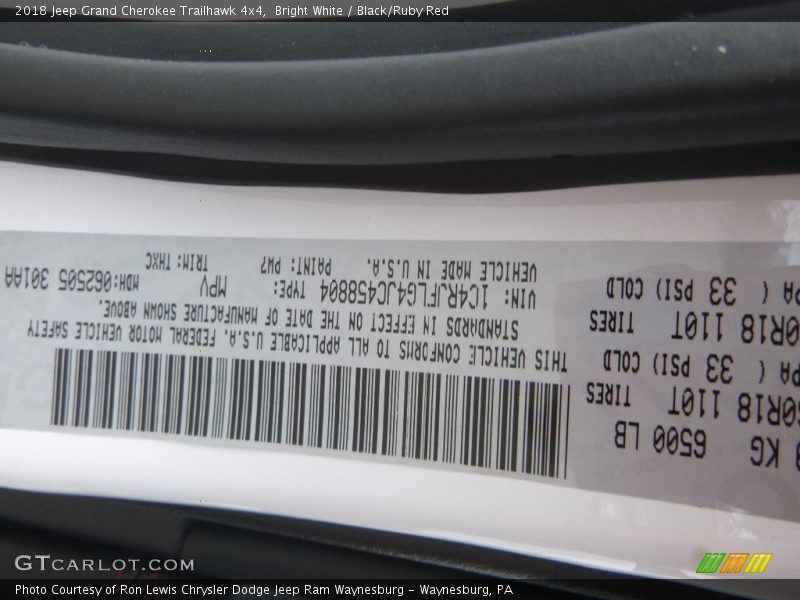2018 Grand Cherokee Trailhawk 4x4 Bright White Color Code PW7