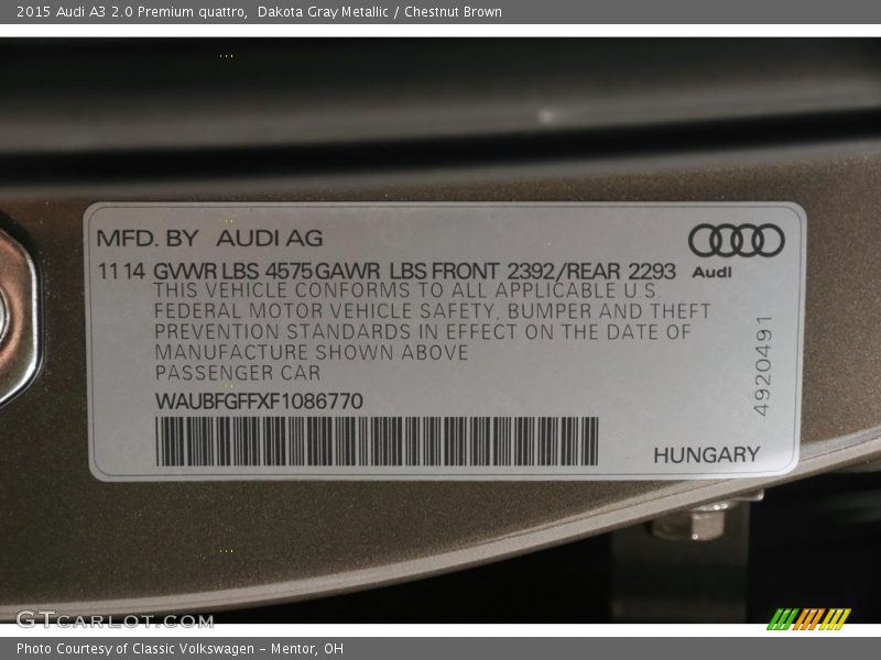 Dakota Gray Metallic / Chestnut Brown 2015 Audi A3 2.0 Premium quattro