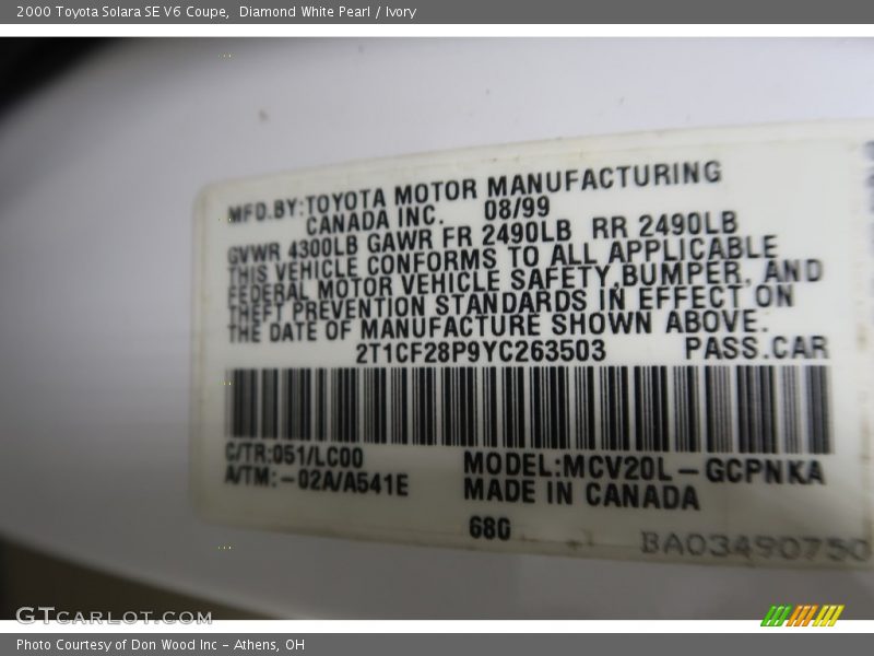 Diamond White Pearl / Ivory 2000 Toyota Solara SE V6 Coupe