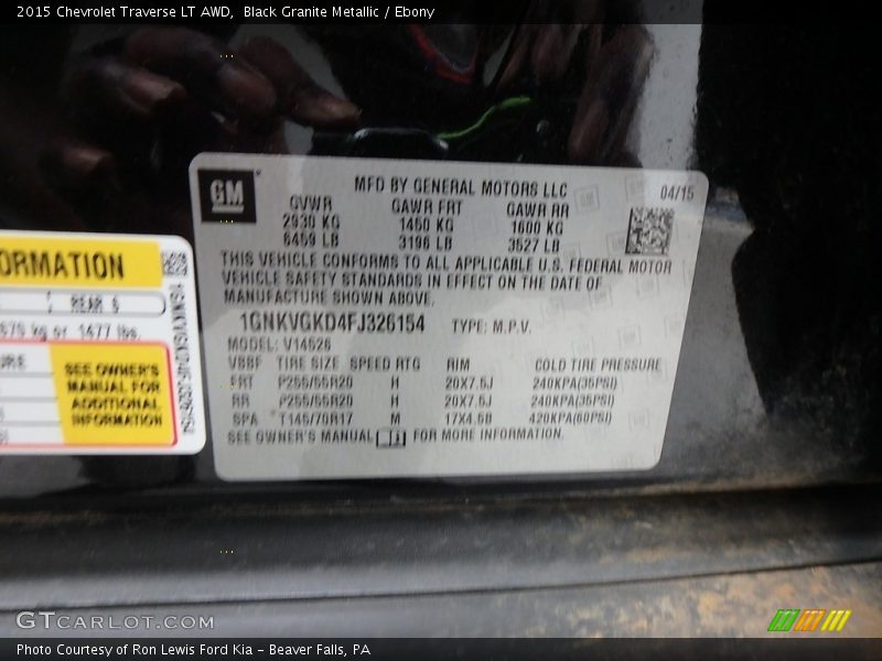 Black Granite Metallic / Ebony 2015 Chevrolet Traverse LT AWD