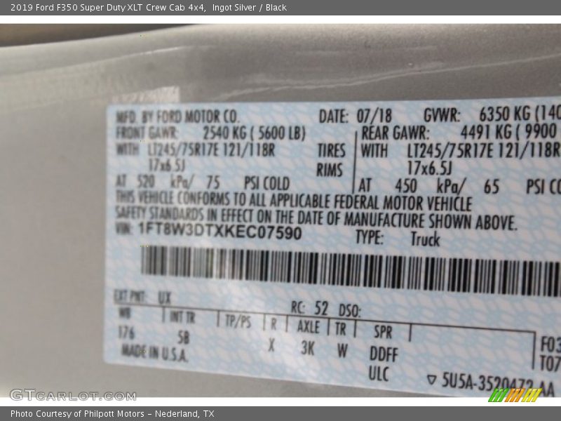 2019 F350 Super Duty XLT Crew Cab 4x4 Ingot Silver Color Code UX