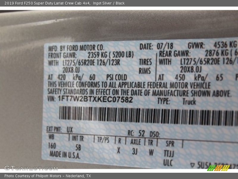 2019 F250 Super Duty Lariat Crew Cab 4x4 Ingot Silver Color Code UX