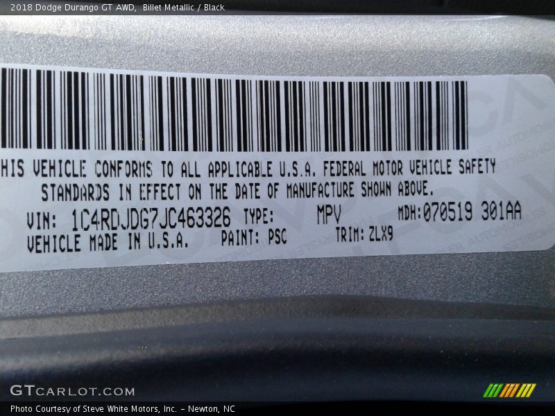 Billet Metallic / Black 2018 Dodge Durango GT AWD