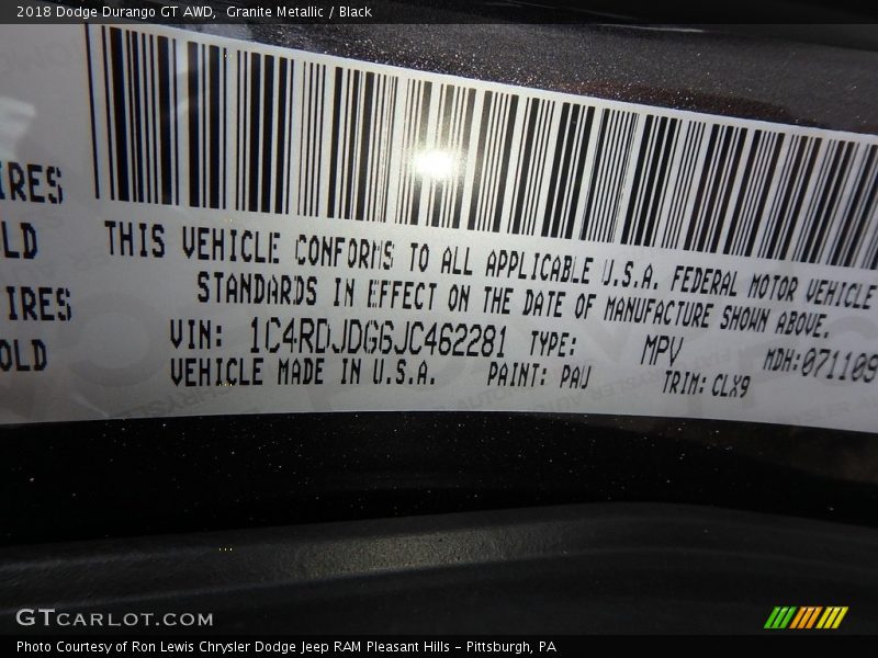 Granite Metallic / Black 2018 Dodge Durango GT AWD