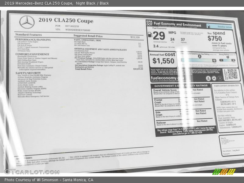 2019 CLA 250 Coupe Window Sticker
