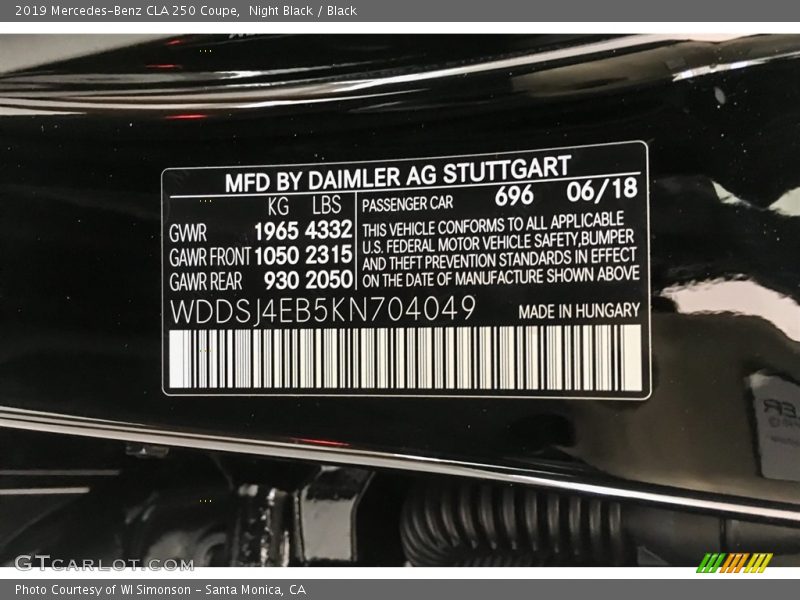 2019 CLA 250 Coupe Night Black Color Code 696