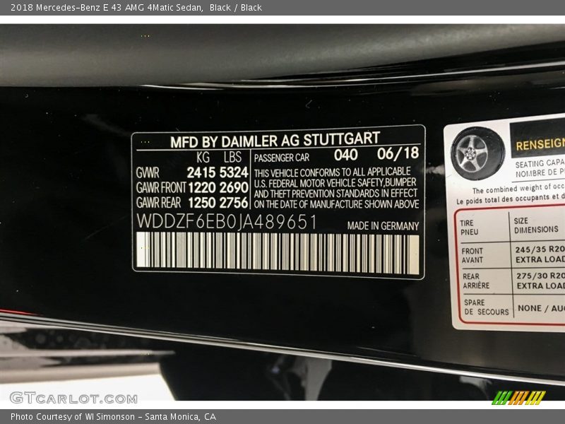 2018 E 43 AMG 4Matic Sedan Black Color Code 040