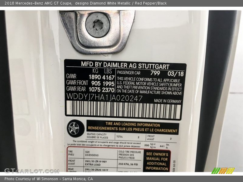 2018 AMG GT Coupe designo Diamond White Metallic Color Code 799