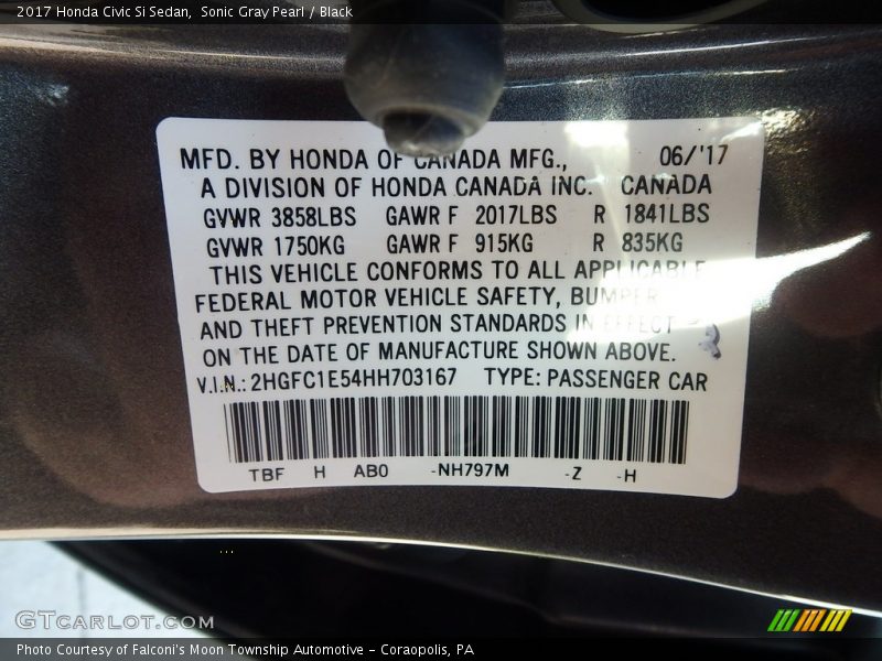 Sonic Gray Pearl / Black 2017 Honda Civic Si Sedan