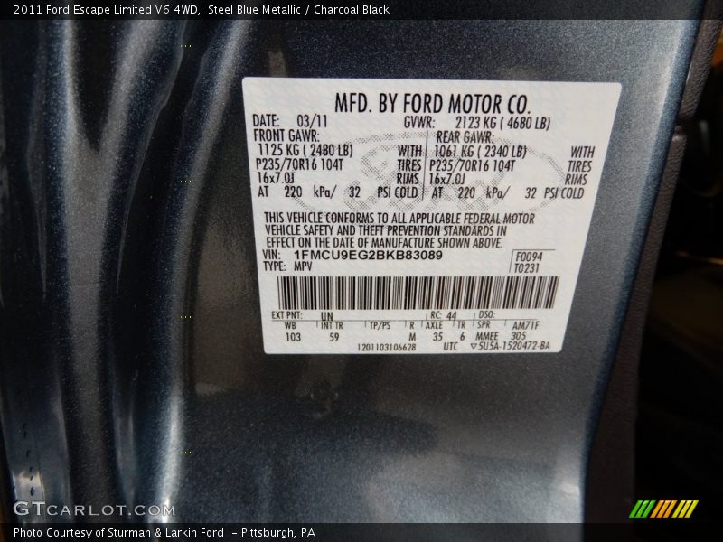 Steel Blue Metallic / Charcoal Black 2011 Ford Escape Limited V6 4WD