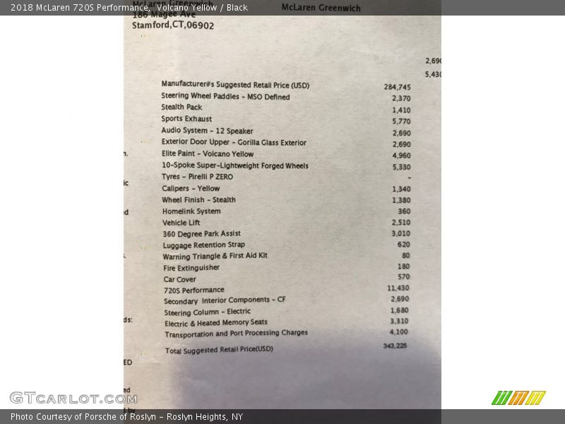  2018 720S Performance Window Sticker