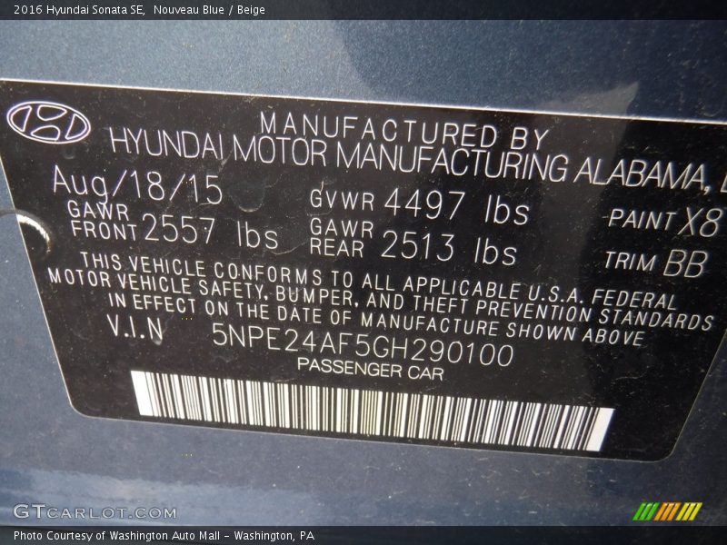 Nouveau Blue / Beige 2016 Hyundai Sonata SE