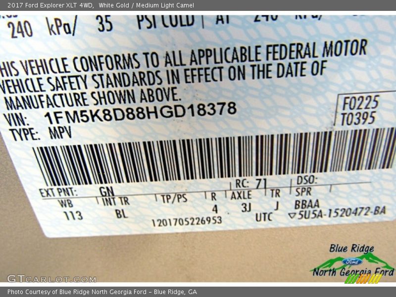 White Gold / Medium Light Camel 2017 Ford Explorer XLT 4WD