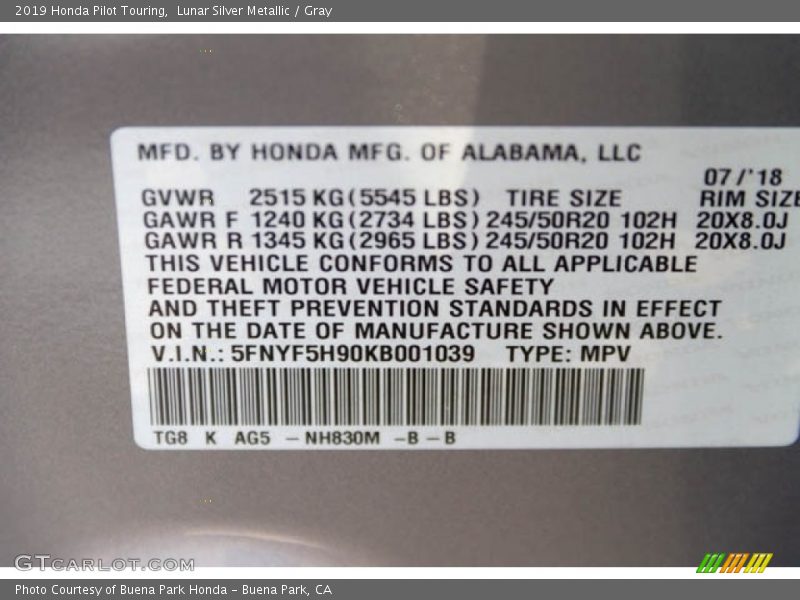 2019 Pilot Touring Lunar Silver Metallic Color Code NH830M