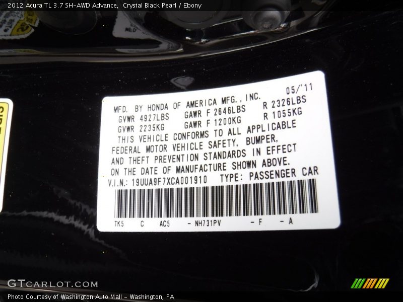 Crystal Black Pearl / Ebony 2012 Acura TL 3.7 SH-AWD Advance