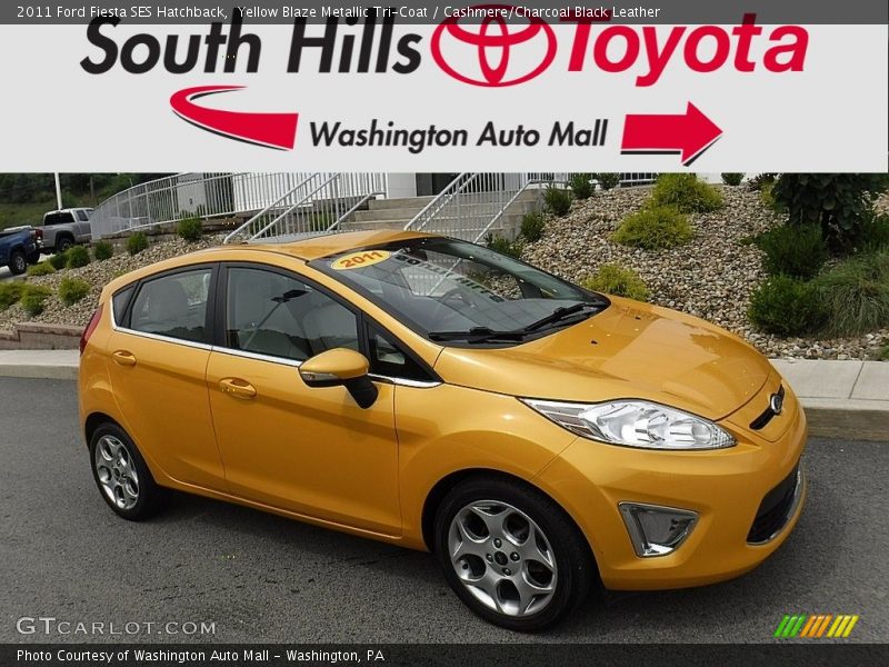 Yellow Blaze Metallic Tri-Coat / Cashmere/Charcoal Black Leather 2011 Ford Fiesta SES Hatchback
