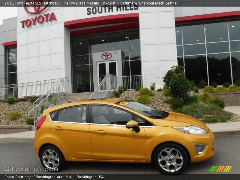 Yellow Blaze Metallic Tri-Coat / Cashmere/Charcoal Black Leather 2011 Ford Fiesta SES Hatchback