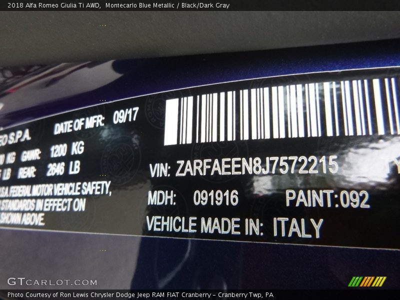 2018 Giulia Ti AWD Montecarlo Blue Metallic Color Code 092
