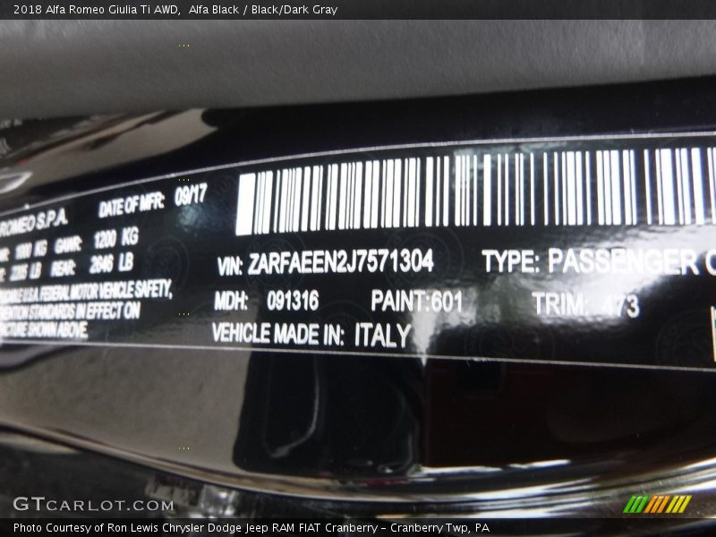 Alfa Black / Black/Dark Gray 2018 Alfa Romeo Giulia Ti AWD