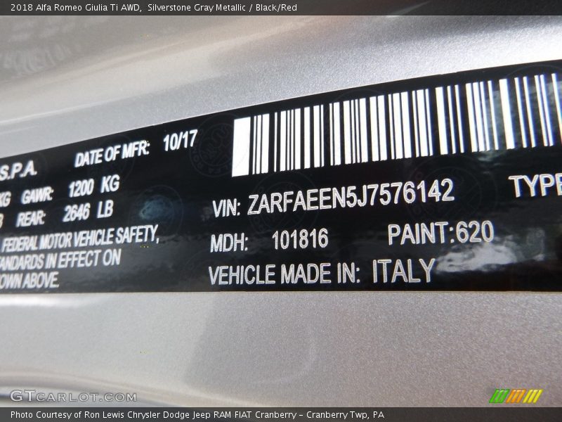 Silverstone Gray Metallic / Black/Red 2018 Alfa Romeo Giulia Ti AWD