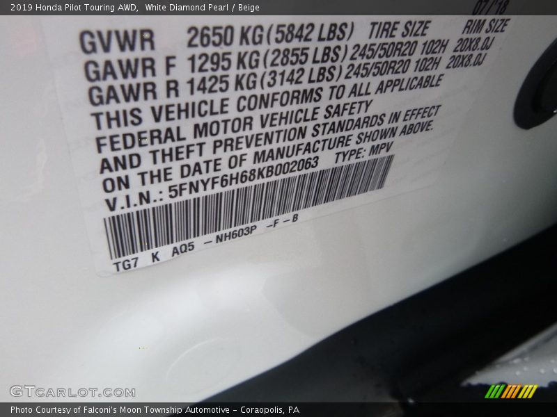 2019 Pilot Touring AWD White Diamond Pearl Color Code NH603P