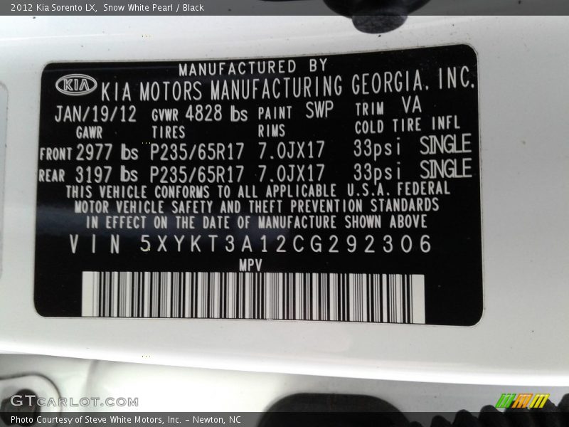 Snow White Pearl / Black 2012 Kia Sorento LX